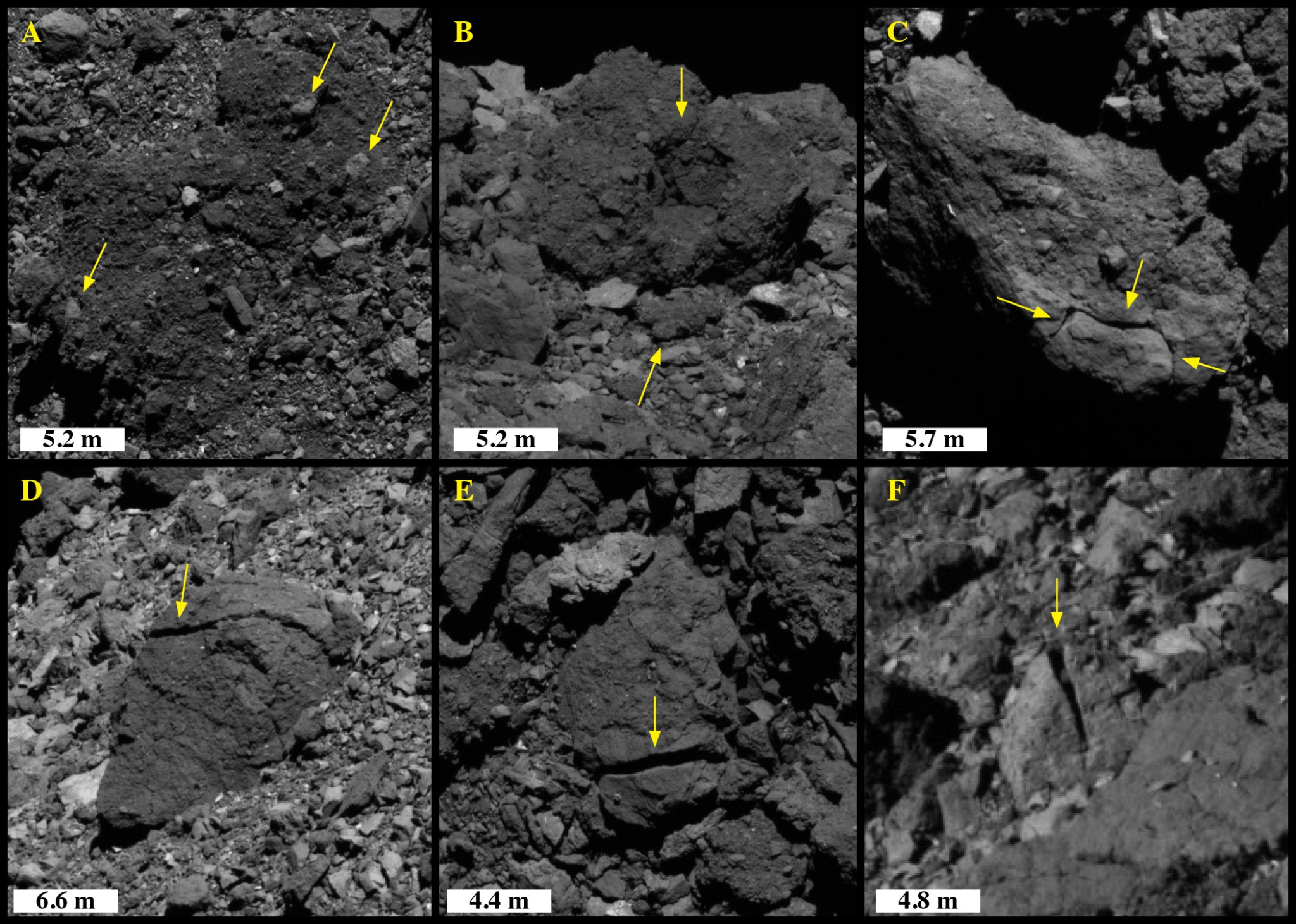 Fractures in rocks on Bennu