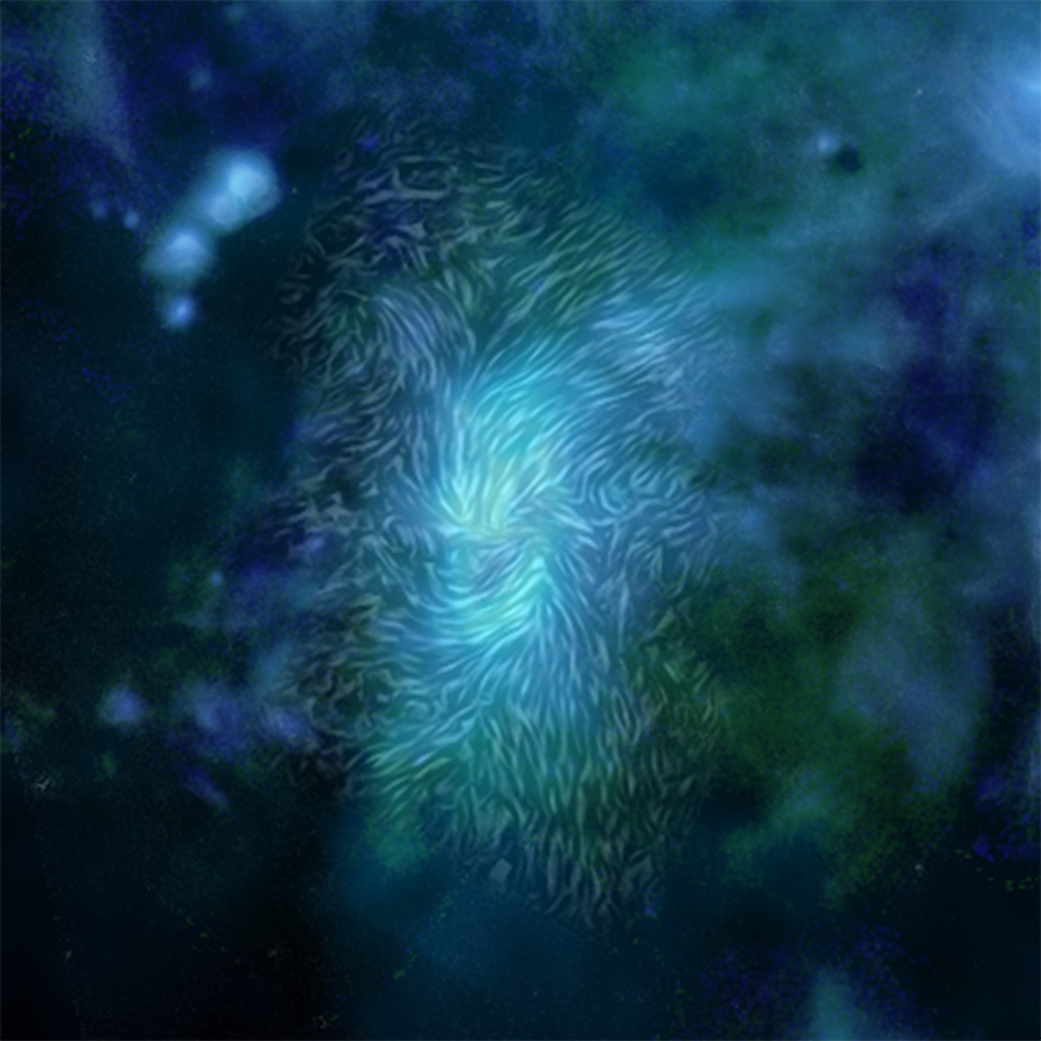Magnetic fields, shown as streamlines, over a blue and gray image of a bright ring at the center of the Milky Way galaxy.