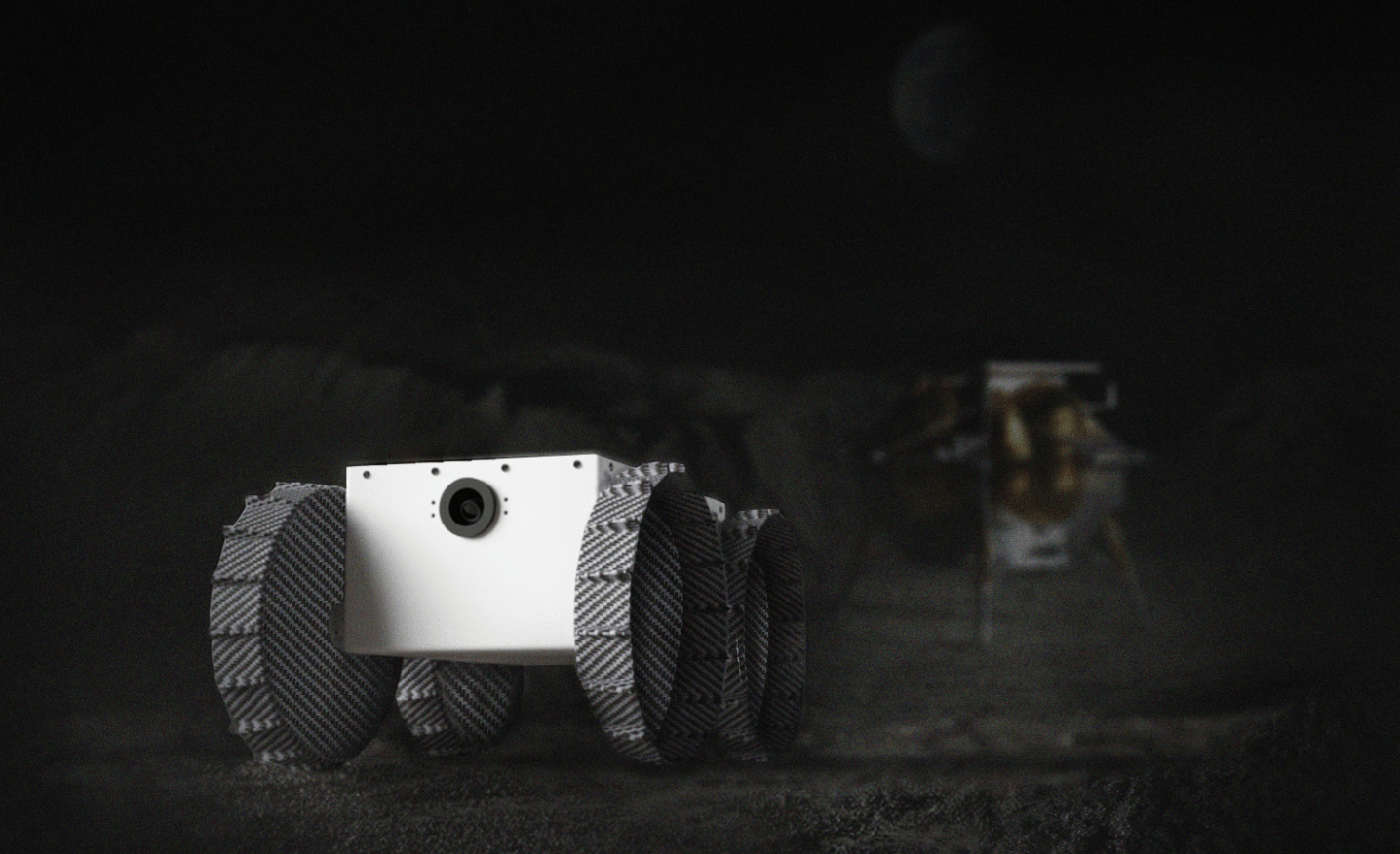 An artist illustration of the Iris rover on the Moon with the lander in the background. 