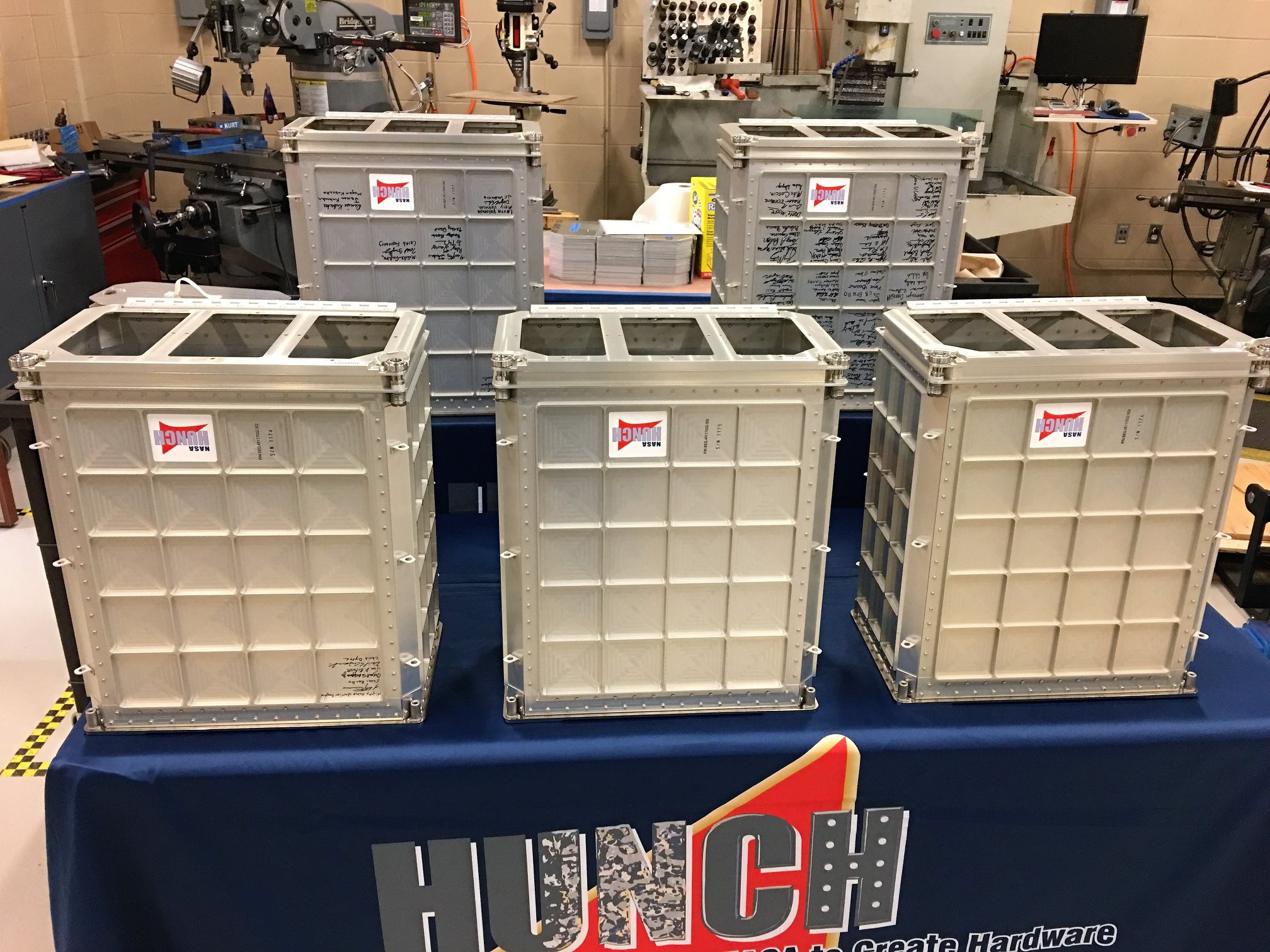 Lockers built by students in the HUNCH Program undergo final assembly at Clear Creek High School in Houston.