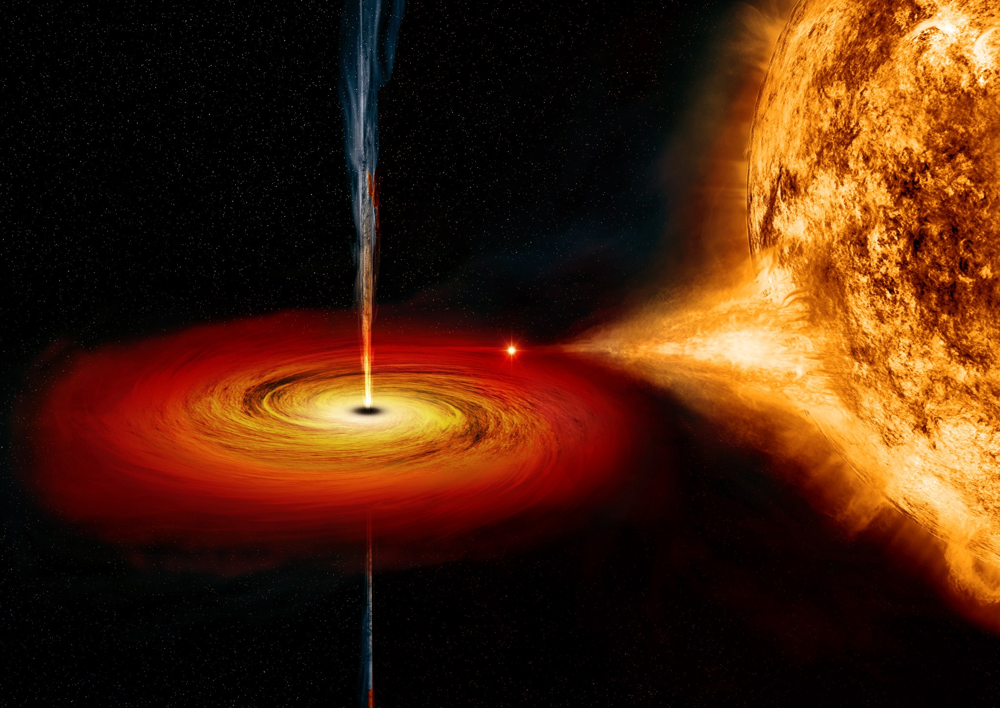 An illustration of a black hole pulling material away from a closely orbiting companion star. 