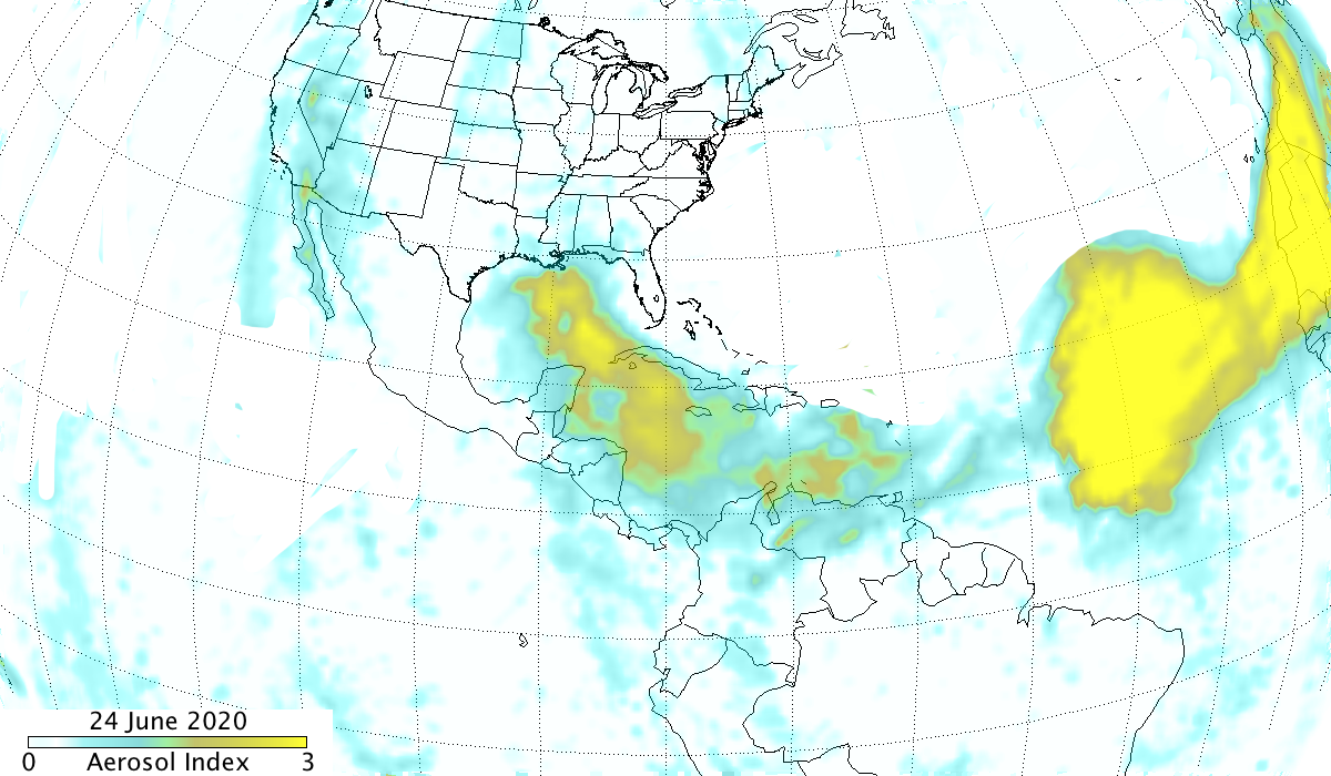 Map of the U.S., Mexico, Central America, and the northern part of South America, as seen on a globe. The key at the bottom ranges from 0 as white to 3 as yellow with blue in the middle. The date in 24 June 2020 and the map is measuring aerosol index. The map is colored blue in many parts of the ocean, the western and mid U.S, and throughout central America, The map is yellow on top of blue in the Central America region and bright yellow in the Atlantic ocean and east. 