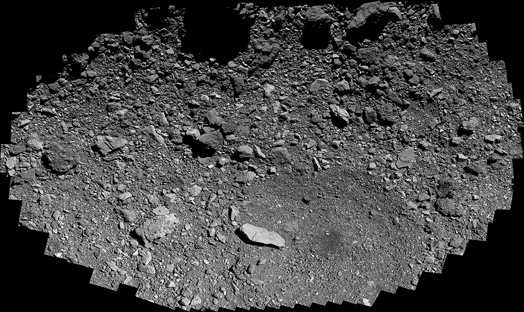 gray-hued mosaic of a rocky asteroid Bennu's surface
