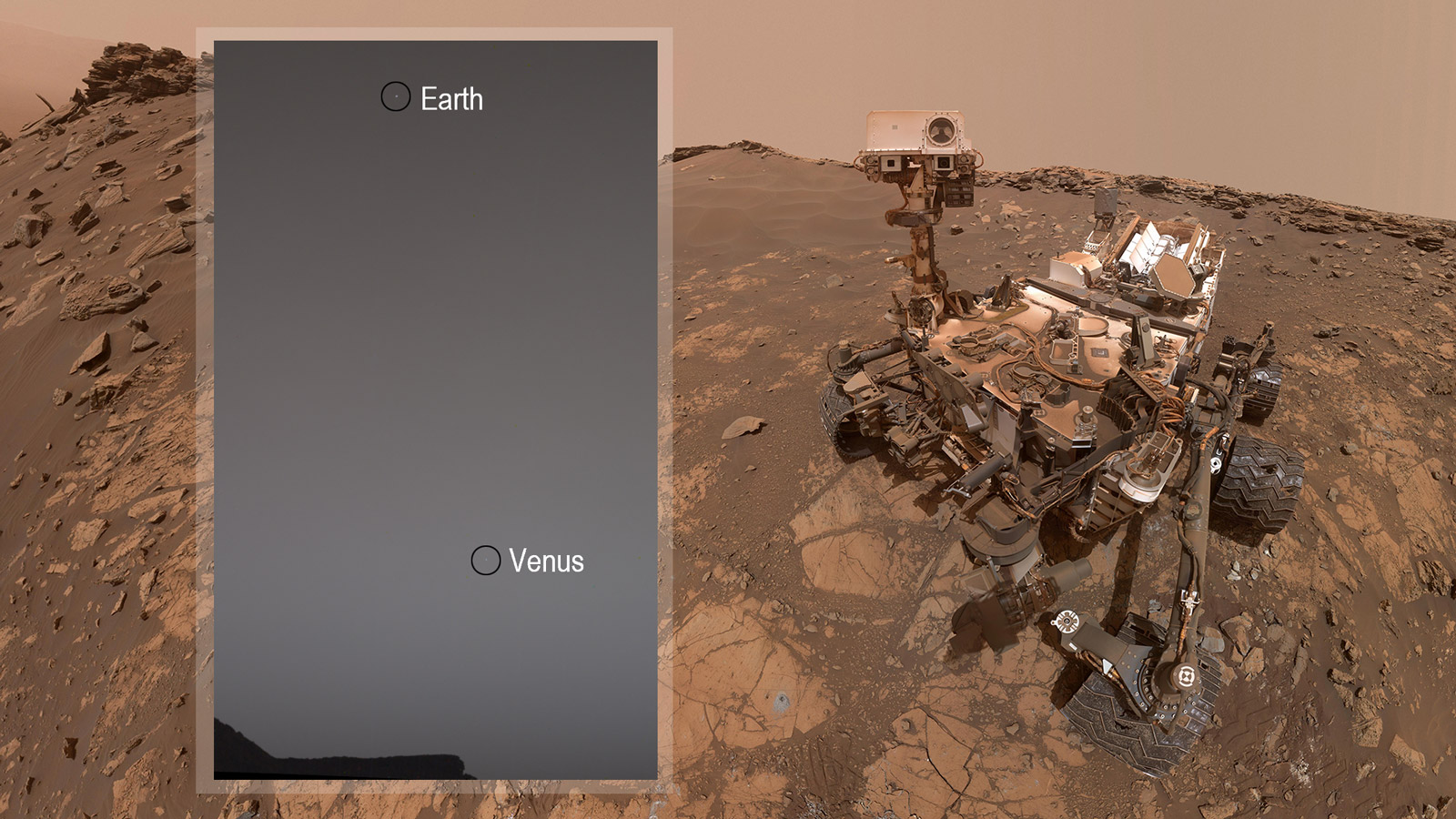 Two images of the night sky were combined to show Earth and Venus as seen by NASA's Curiosity Mars rover