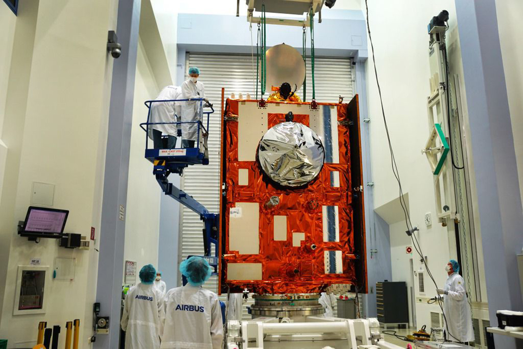 Sentinel-6 Michael Freilich satellite sits in front of a testing chamber