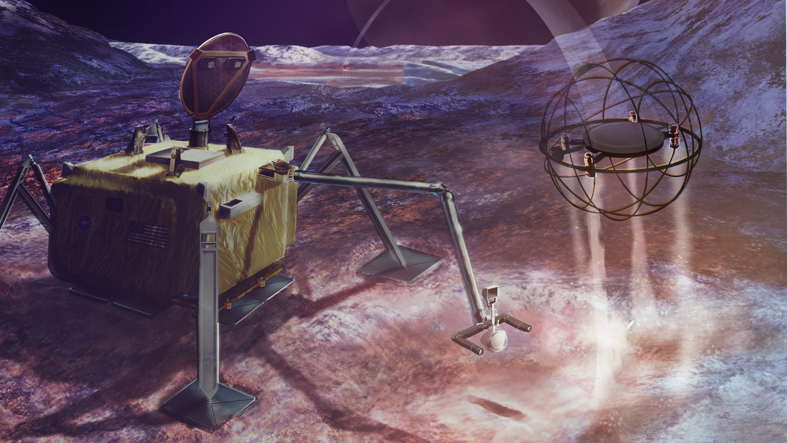 In this artist's concept, a SPARROW robot uses steam propulsion to hop away from its lander