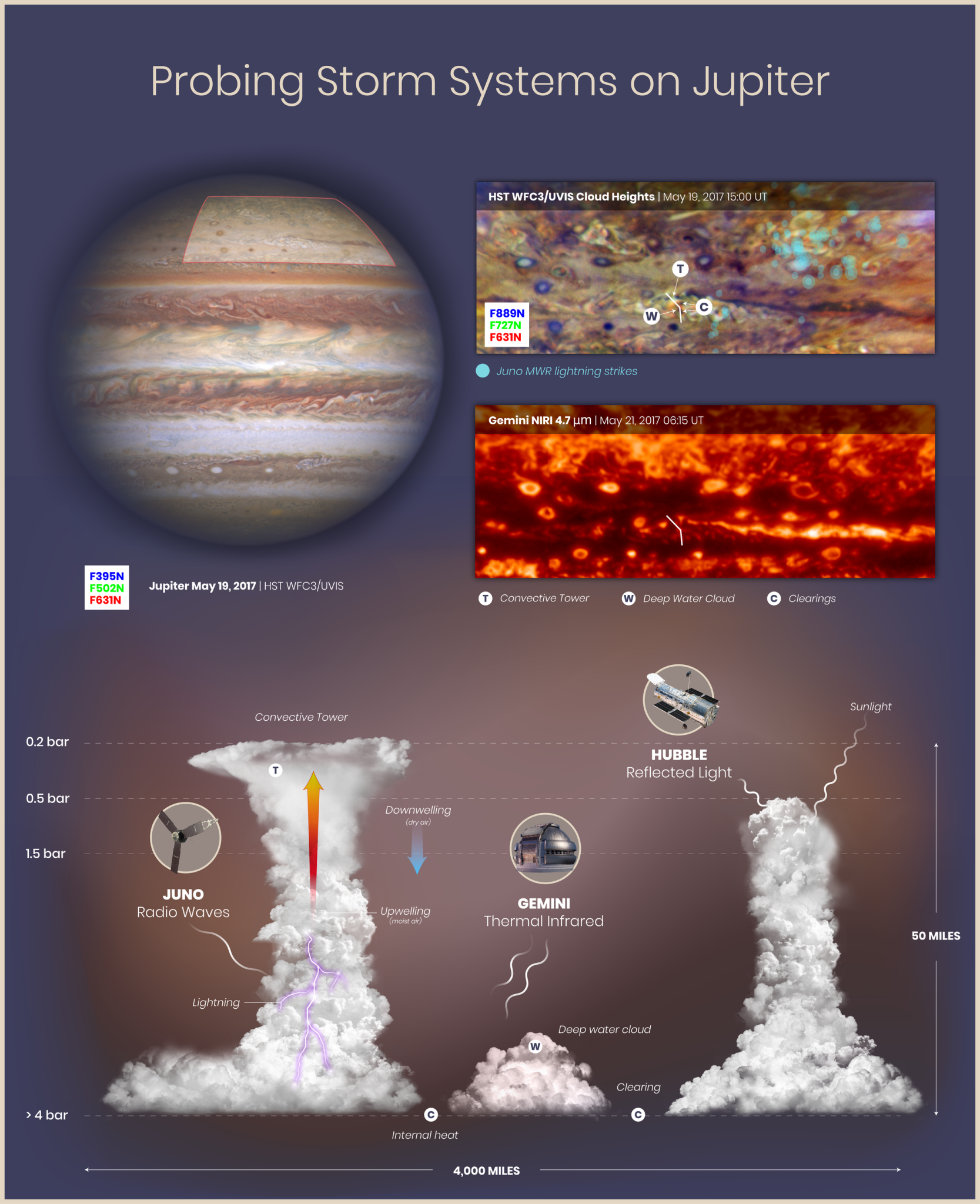 graphic that includes Jupiter observations from Hubble and Juno (top) and illustrations of Jupiter cloud formations (bottom)