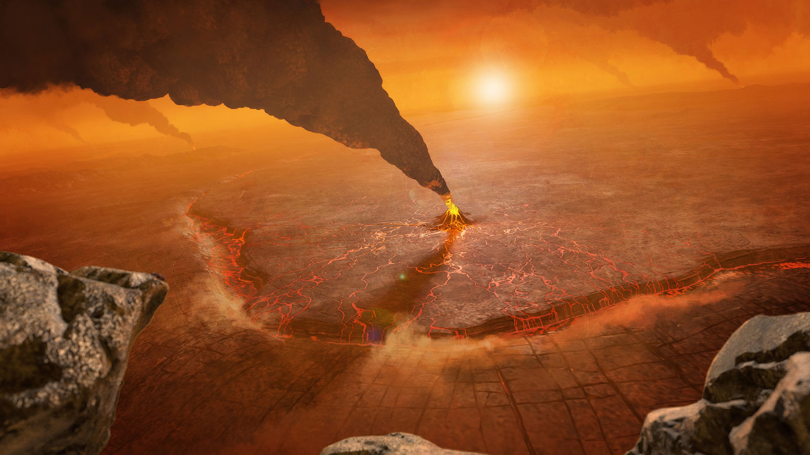 An artist's concept of active volcanos on Venus