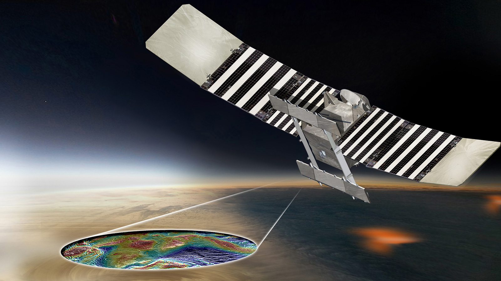 This artist's concept shows the proposed VERITAS spacecraft using its radar