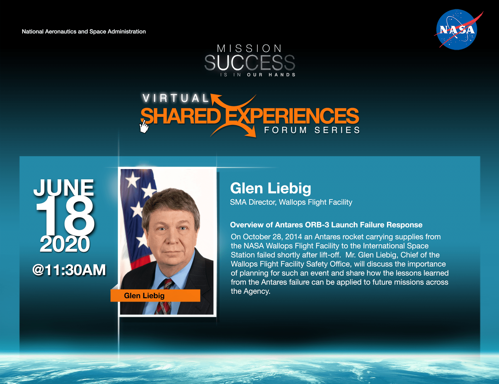 Glen Liebig will deliver a virtual Mission Success is in Our Hands lecture.