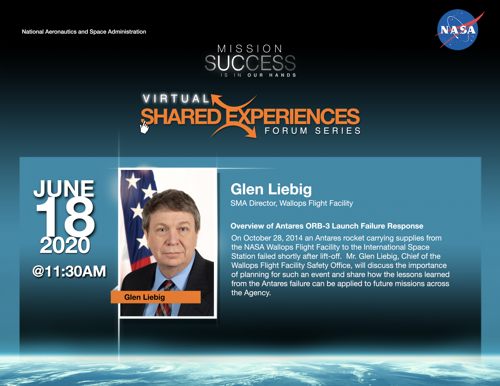 Glen Liebig will deliver a virtual Mission Success is in Our Hands lecture.