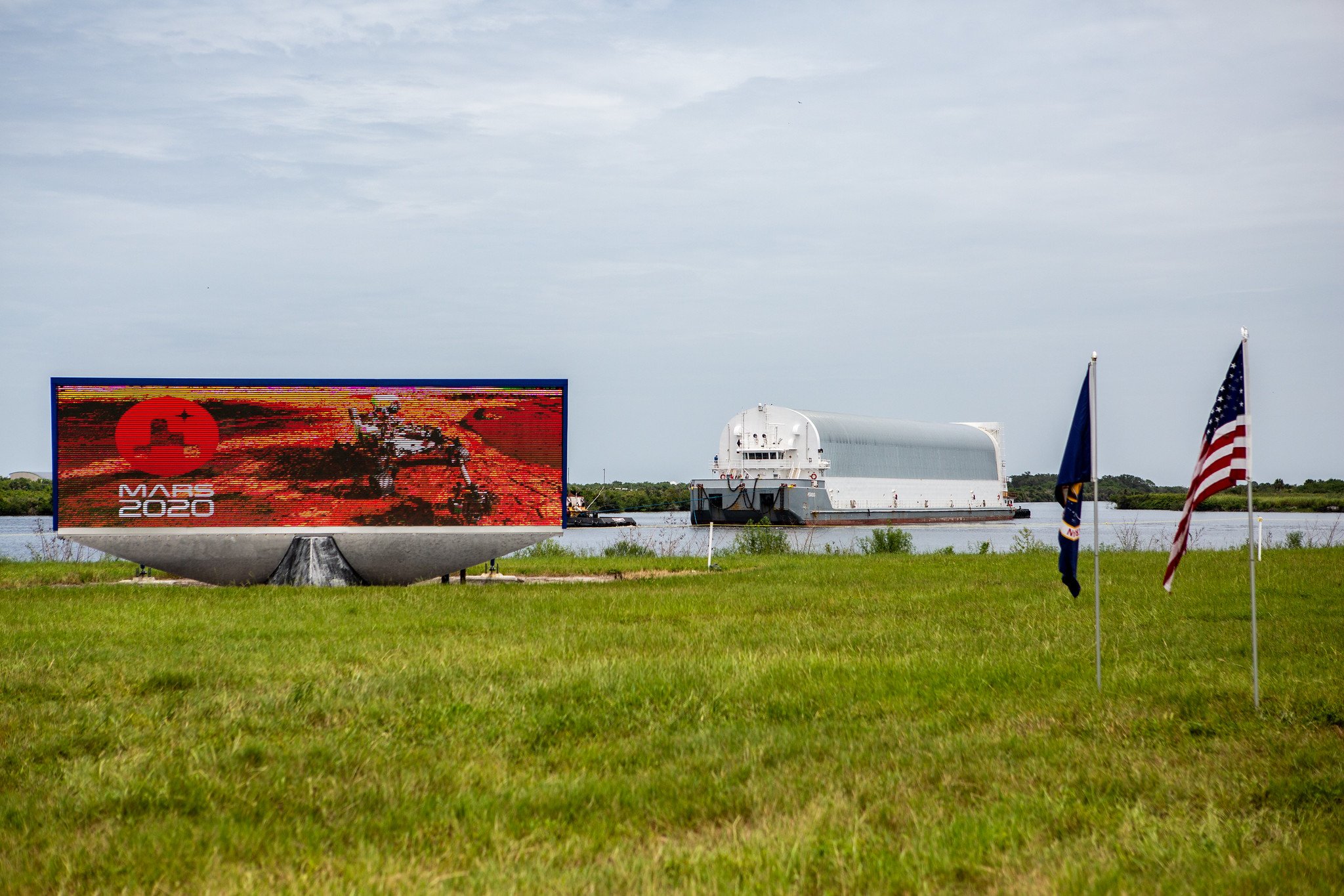 The launch vehicle stage adapter for the Space Launch System rocket arrives at Kennedy Space Center on July 29, 2020.