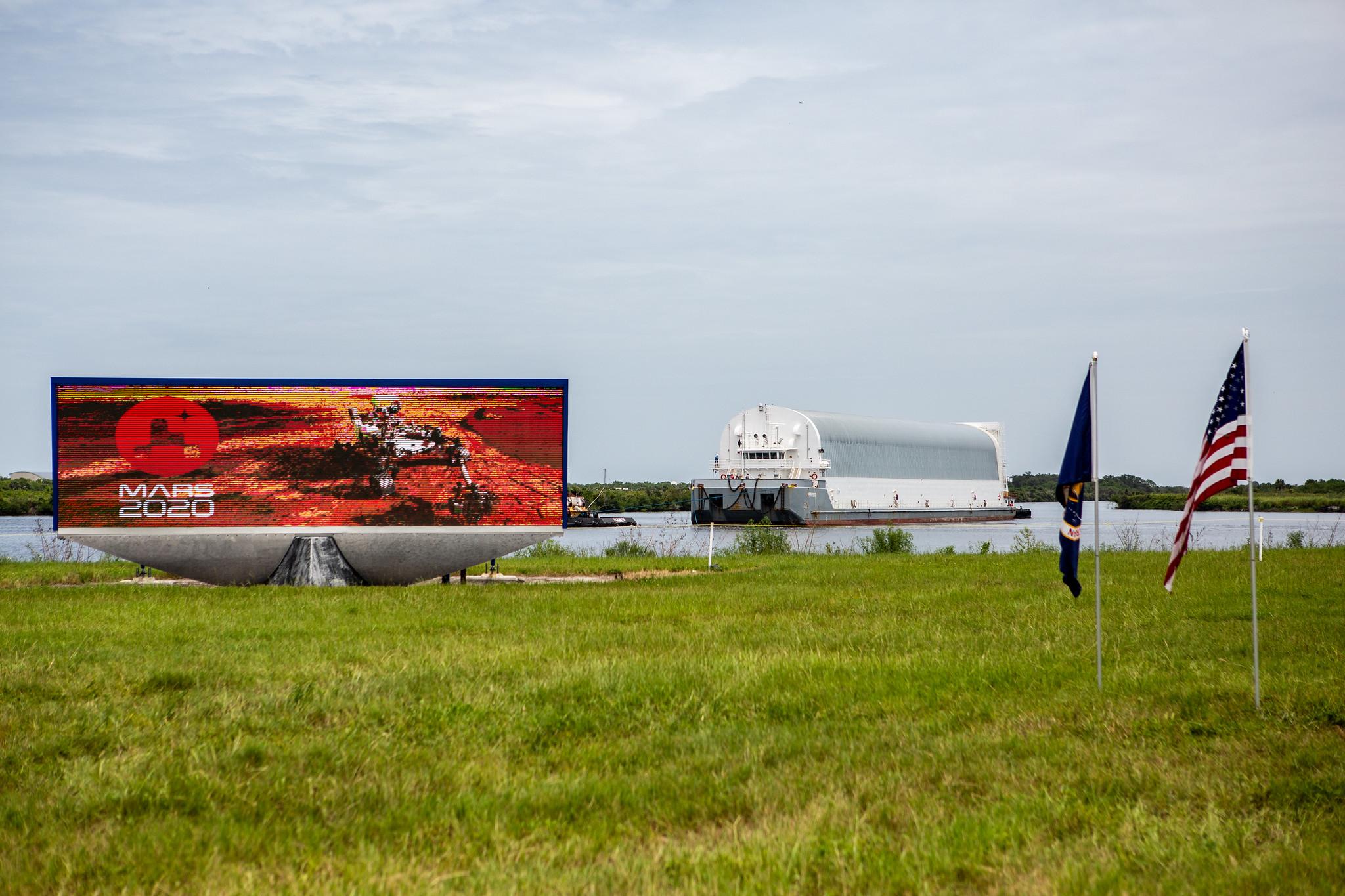 The launch vehicle stage adapter for the Space Launch System rocket arrives at Kennedy Space Center on July 29, 2020.