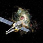 An artist’s illustration depicting NASA’s Chandra X-ray Observatory in flight, with a vivid star field behind it. Chandra’s solar panels are deployed and its camera “eye” open on the cosmos.