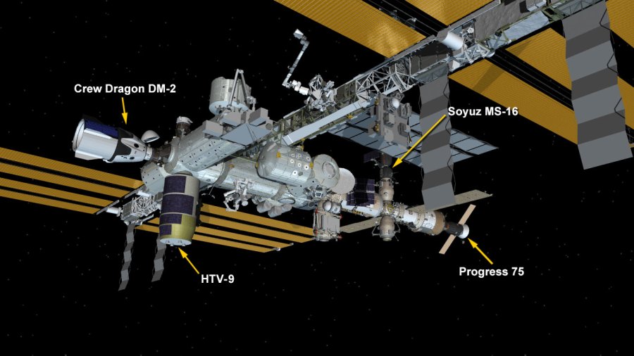 July 8, 2020: International Space Station Configuration. Four spaceships are attached to the space station including the SpaceX Crew Dragon, the HTV-9 resupply ship from JAXA (Japan Aerospace Exploration Agency) and Russia's Progress 75 resupply ship and Soyuz MS-16 crew ship.