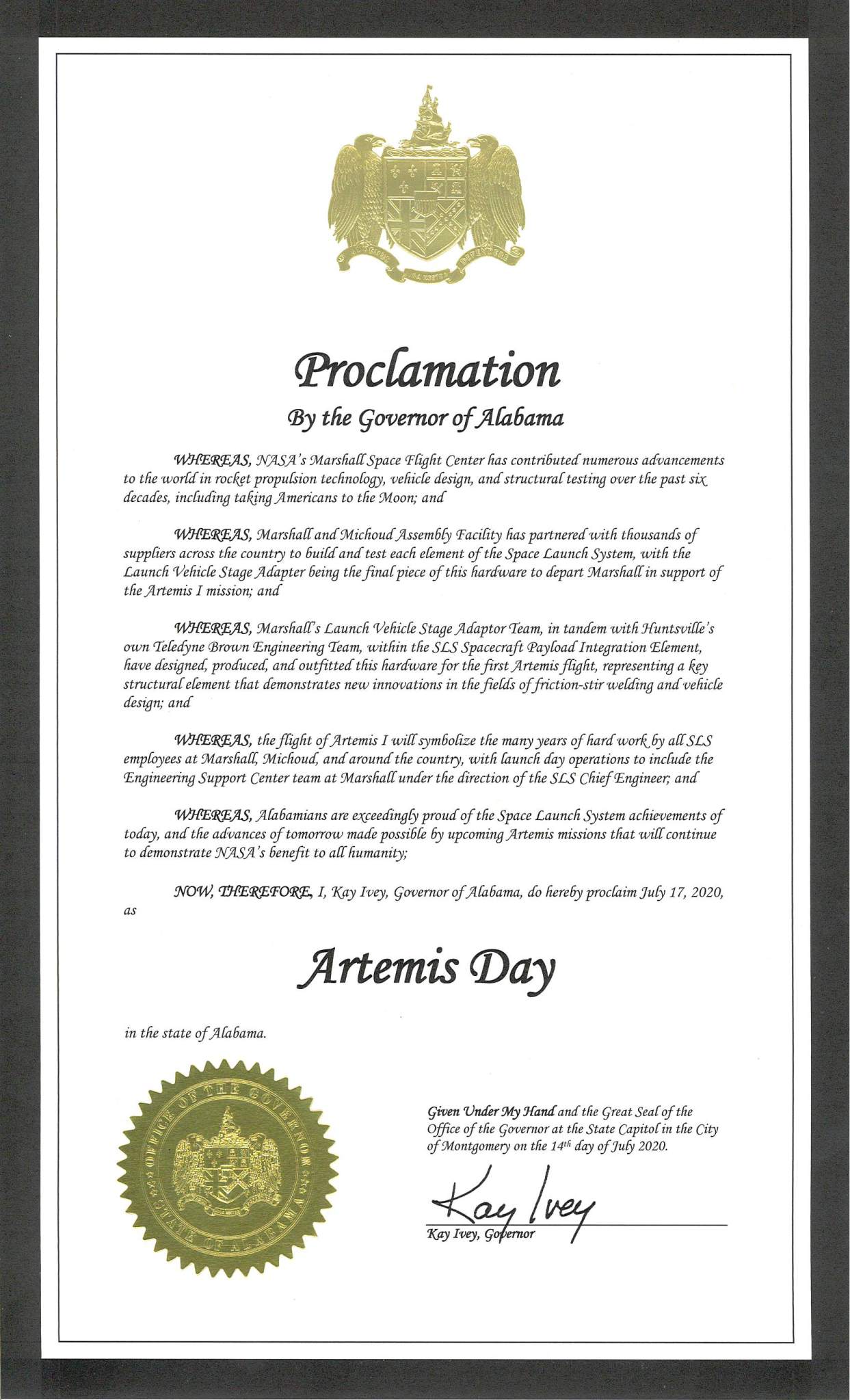Alabama Governor Kay Ivey Declares July 17 Artemis Day in Alabama