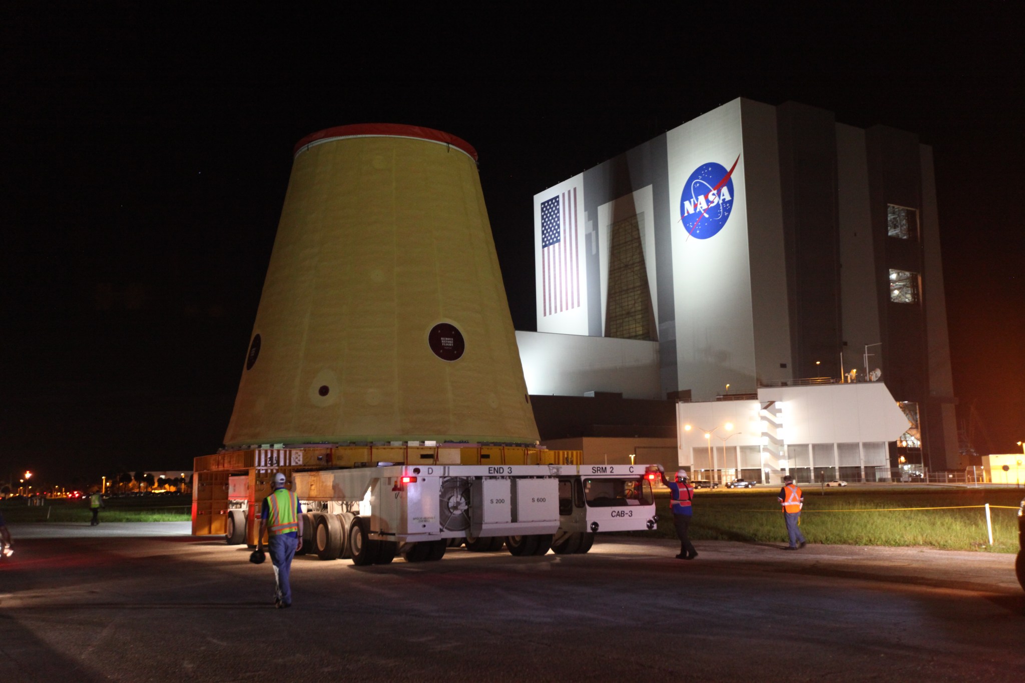 The launch vehicle stage adapter for the Space Launch System rocket moves into the Vehicle Assembly Building on July 30, 2020.