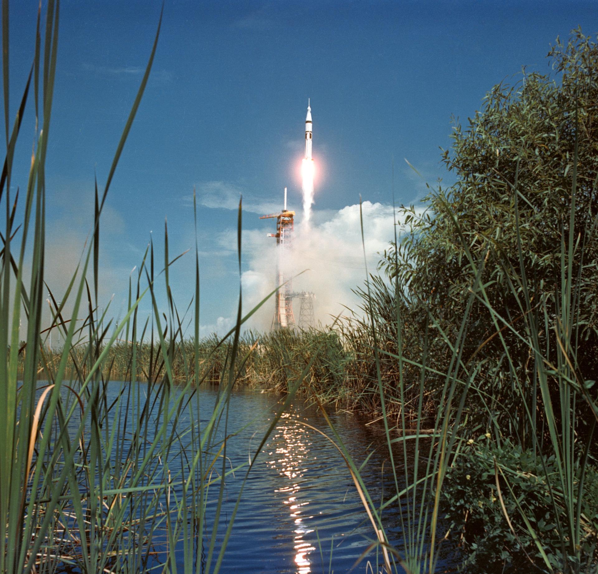 Launch of the Apollo/Saturn 1B space vehicle on July 15, 1975 from Launch Pad 39B at Kennedy Space Center.