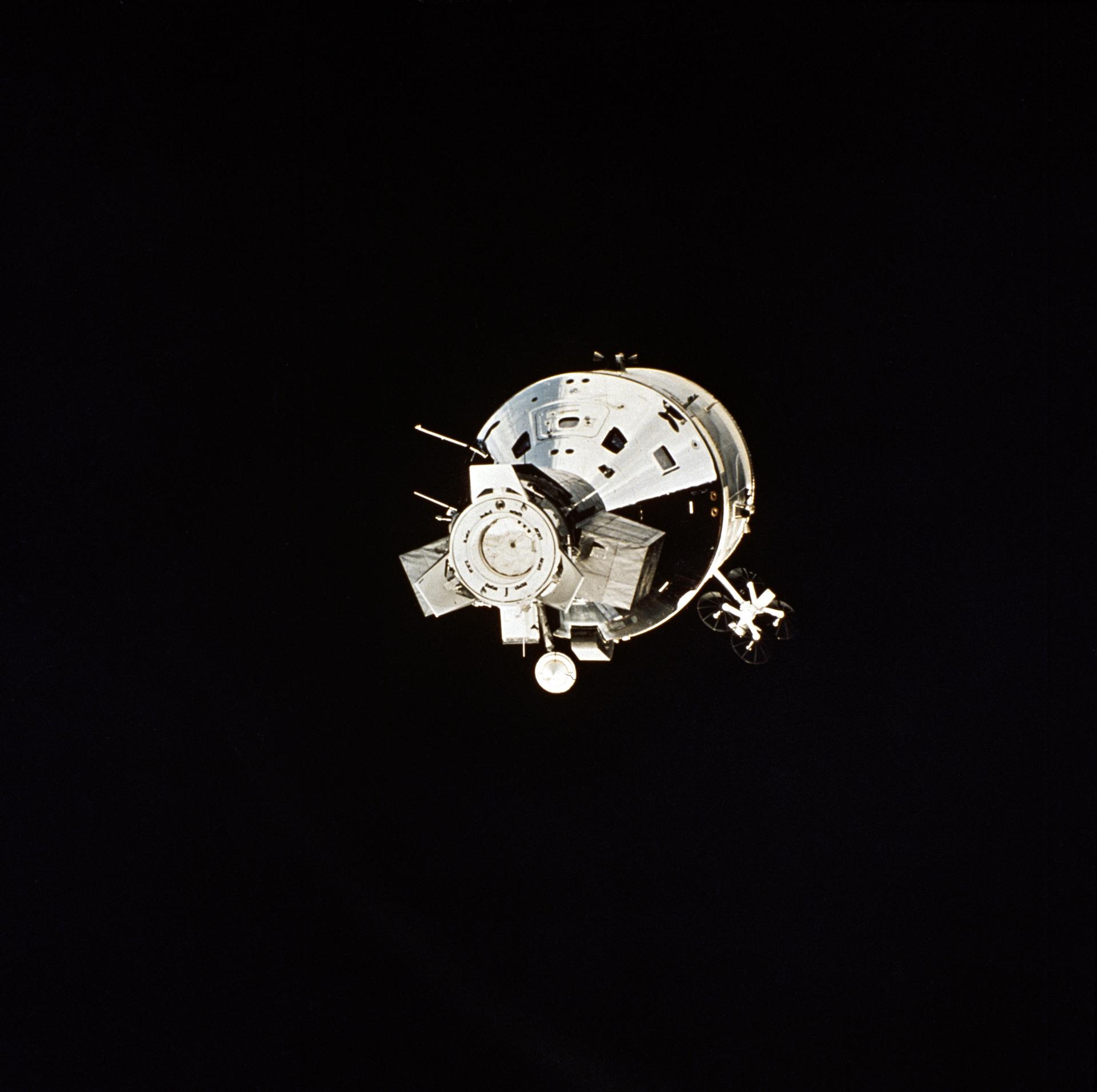 The ASTP Apollo spacecraft seen in space before docking with the Soyuz spacecraft.