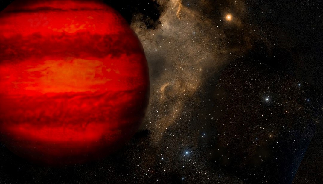 A reddish brown dwarf with bands of coloration hovers in the left foreground.