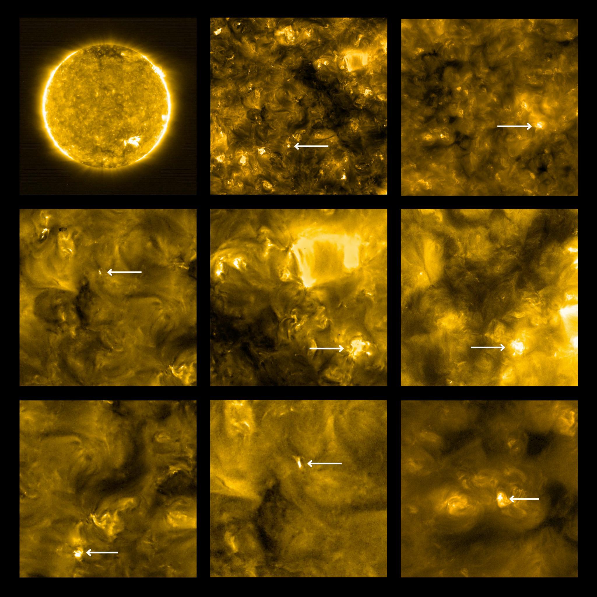 Nine extreme-ultraviolet images of the Sun are arranged in a 3 by 3 mosaic. The top left image shows the full disk of the Sun, and the other eight images show closeups of the Sun. In each of the eight closeup images, a white arrow points to a bright region on the Sun.