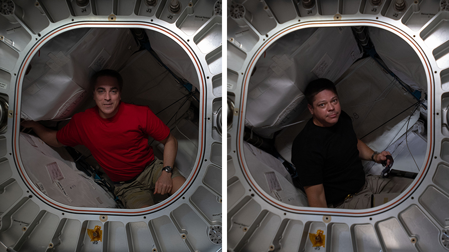 (From left) Expedition 63 Commander Chris Cassidy and Flight Engineer Bob Behnken are pictured inside the Bigelow Expandable Activity Module (BEAM).