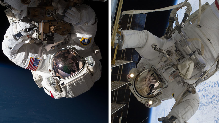 Astronauts (from left) Chris Cassidy and Bob Behnken are pictured during previous spacewalks on earlier missions at the space station.