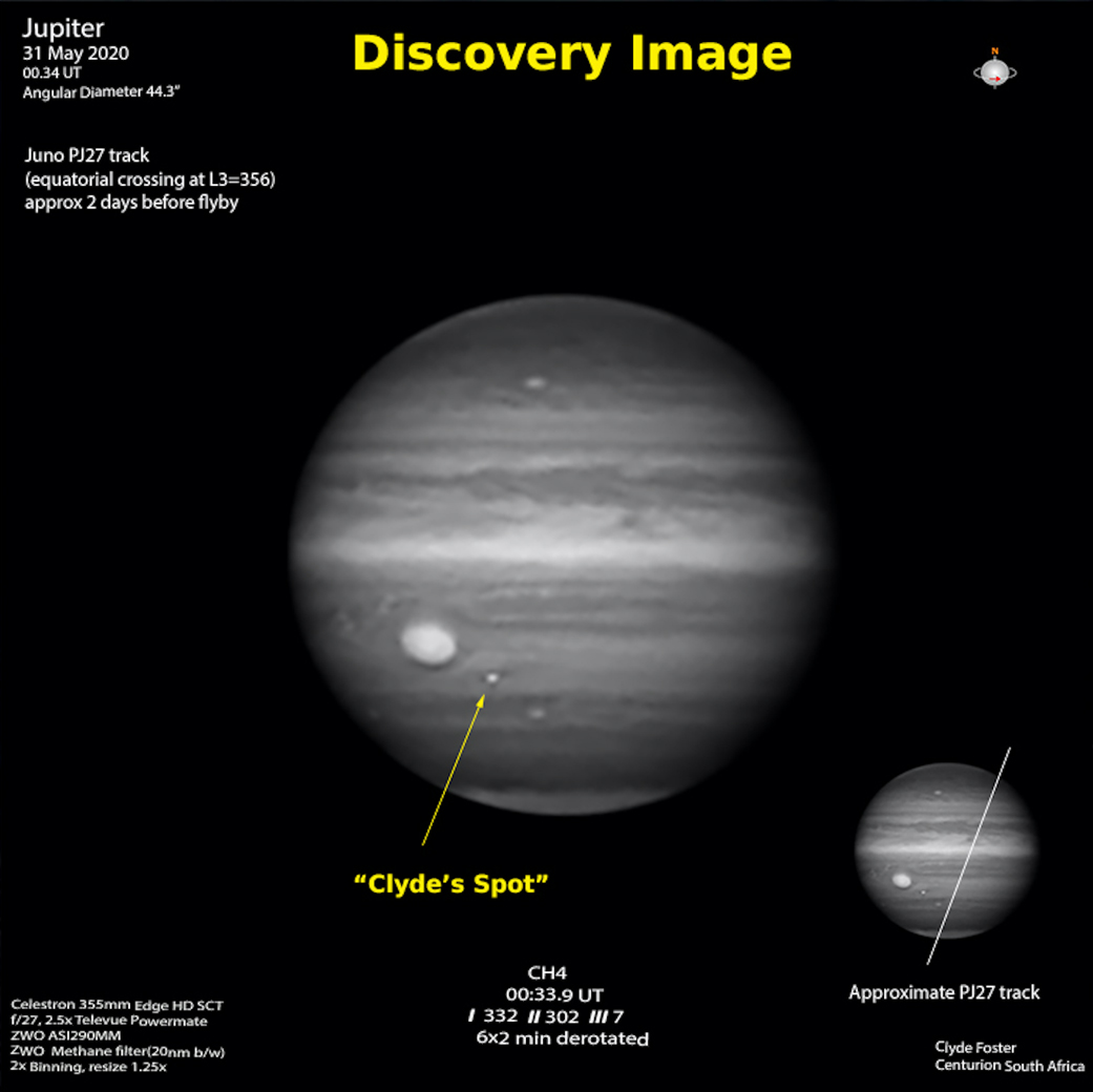 Figure B shows Jupiter as captured by Foster's telescope, and the Juno spacecraft's approximate trajectory as it zoomed close by