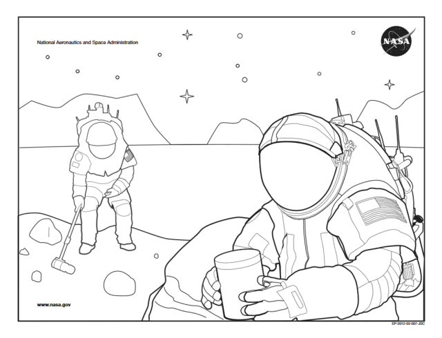 Black and white drawing of two astronauts on the Moon