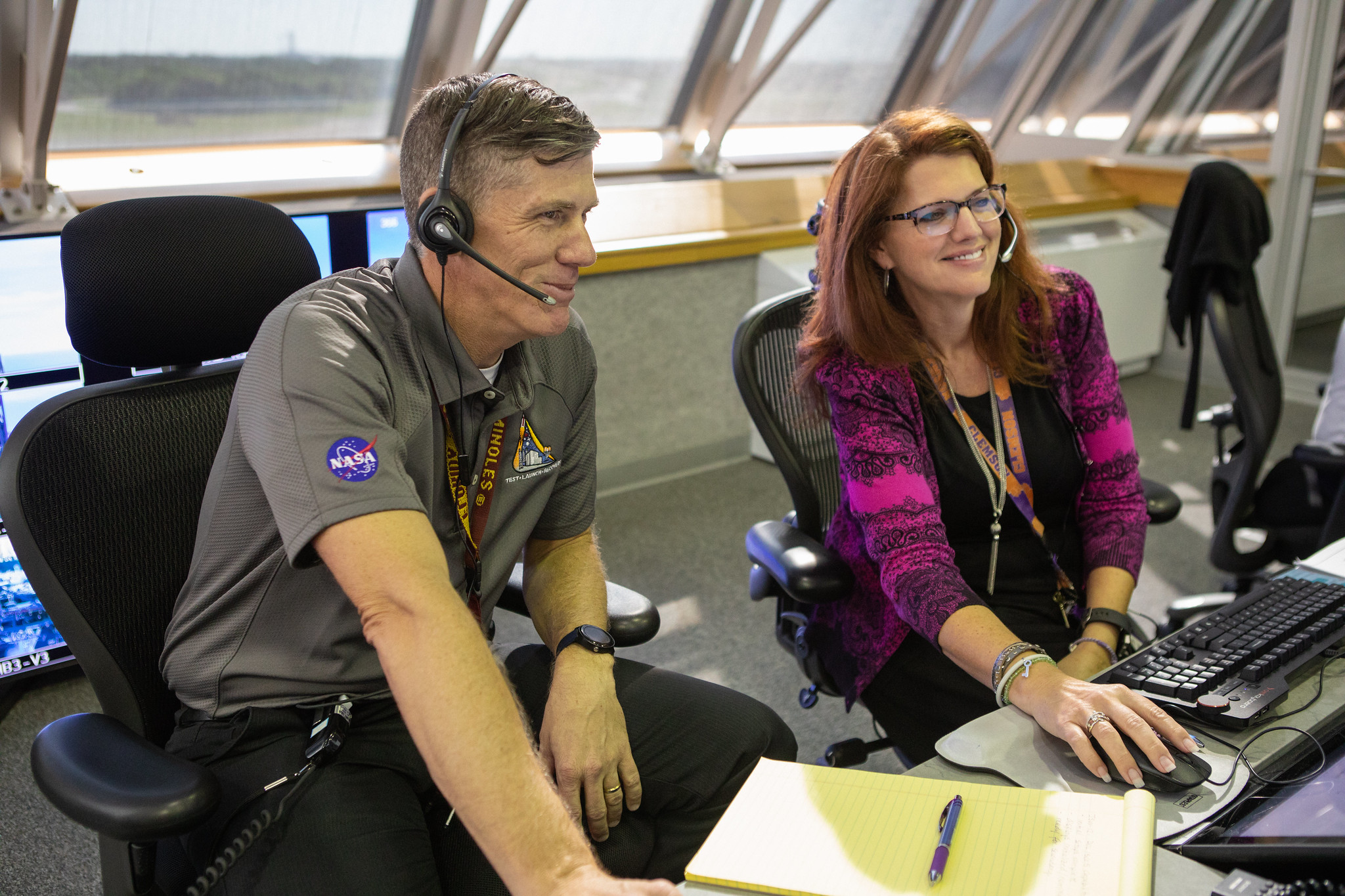 Jeremy Graeber and Charlie Blackwell-Thompson participate in validation testing inside Firing Room 1 on July 11, 2019.