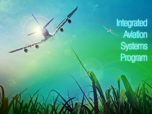 Integrated Aviation Systems Program graphic showing an image of the back of an airplane heading towards the sun with blades of green grass at the bottom and the words Integrated Aviation Systems Program on the middle right.