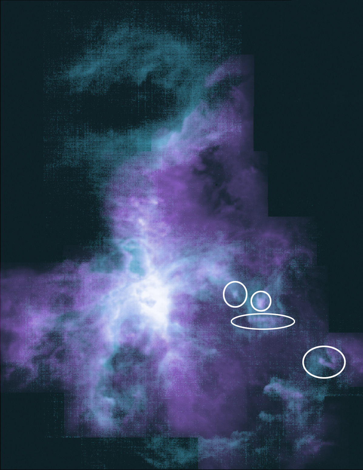 Blue and purple image of Orion with annotated circles around clouds.