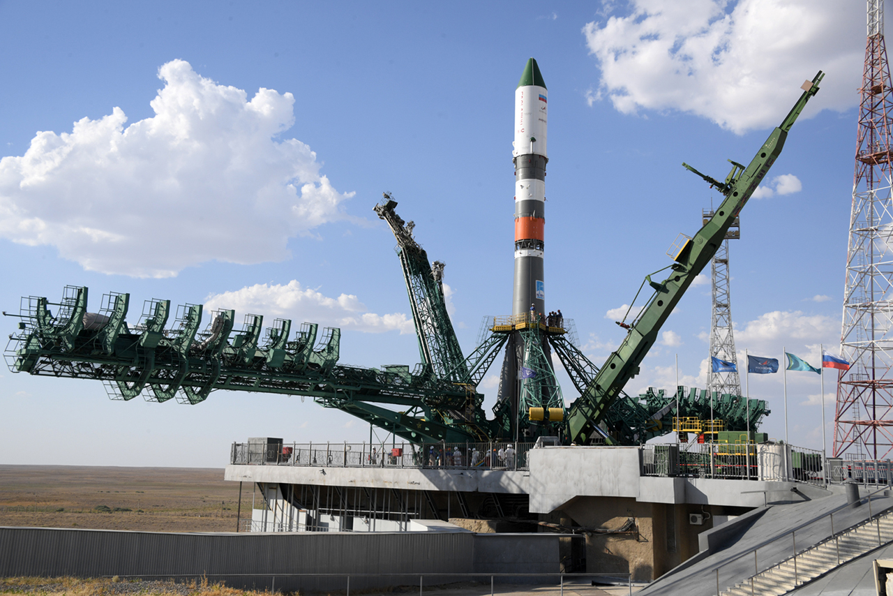Russia's Progress 76 cargo craft stands its launch pad at the Baikonur Cosmodrome in Kazakhstan packed with nearly three tons of food, fuel and supplies. Credit: Roscosmos