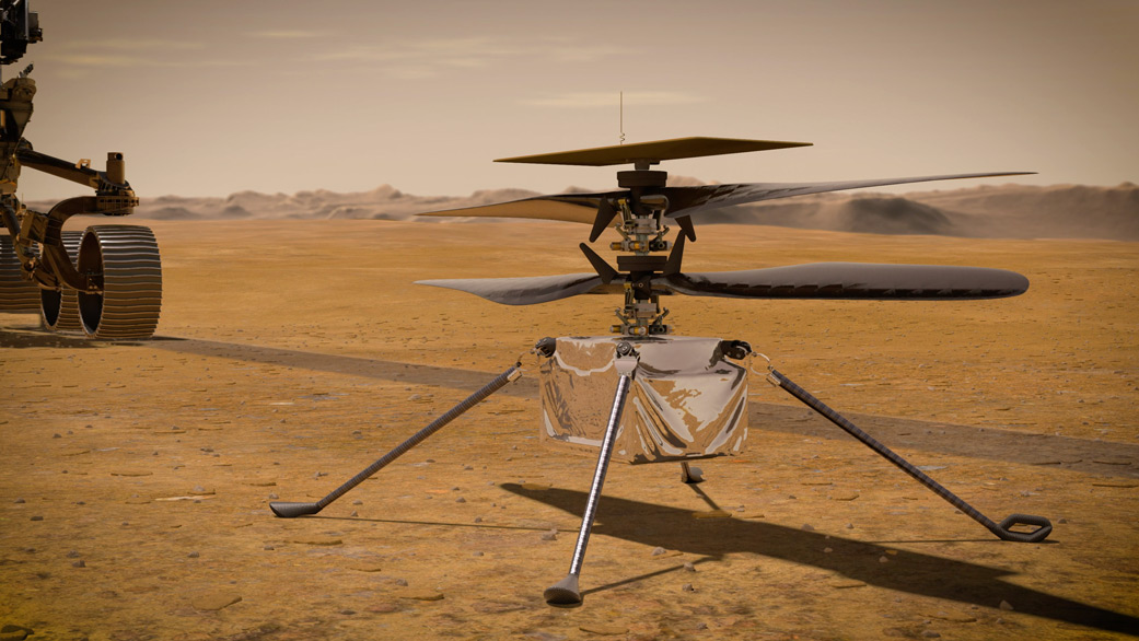 In this illustration, NASA's Ingenuity Mars Helicopter stands on the Red Planet's surface 