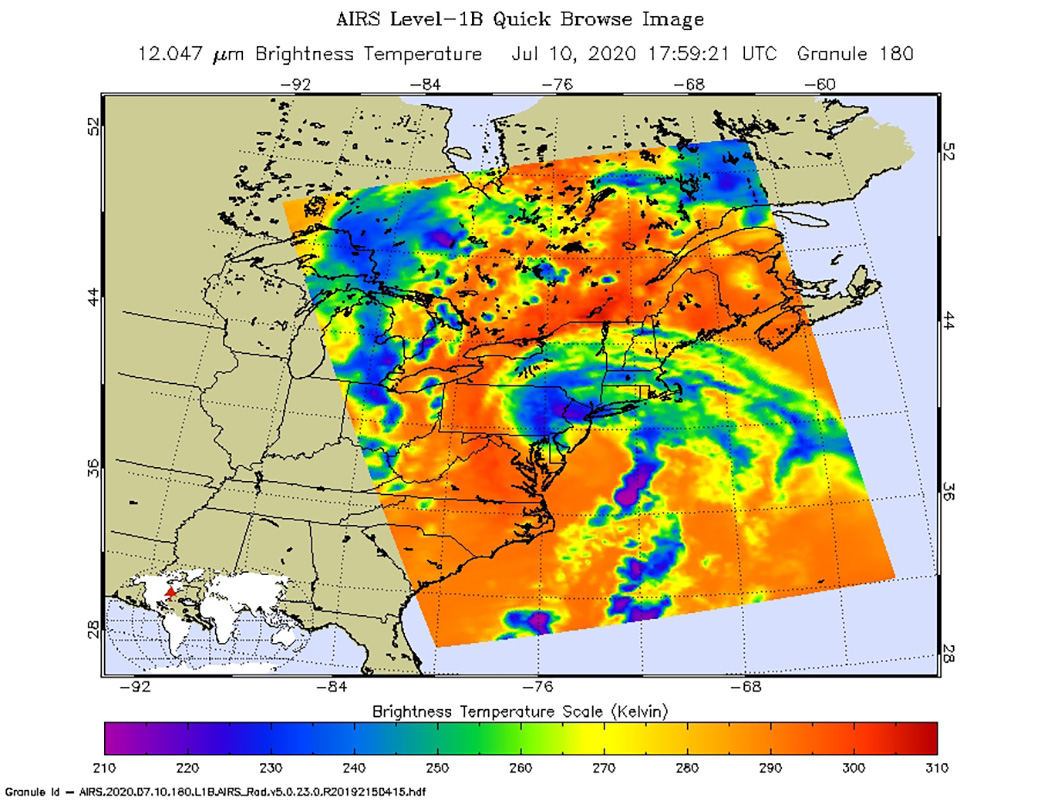 NASA's AIRS instrument captured this image of Tropical Storm Fay around 2 p.m. local time on July 10, 2020