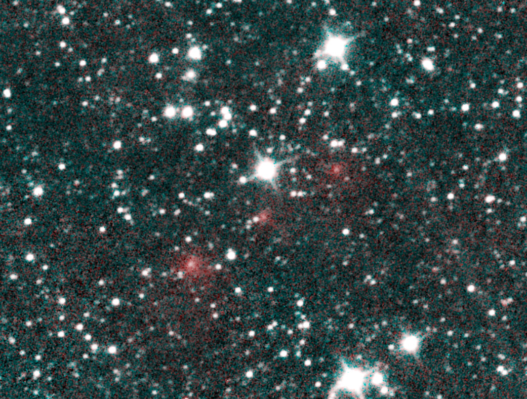 Comet C/2020 F3 NEOWISE appears as a string of fuzzy red dots in this composite