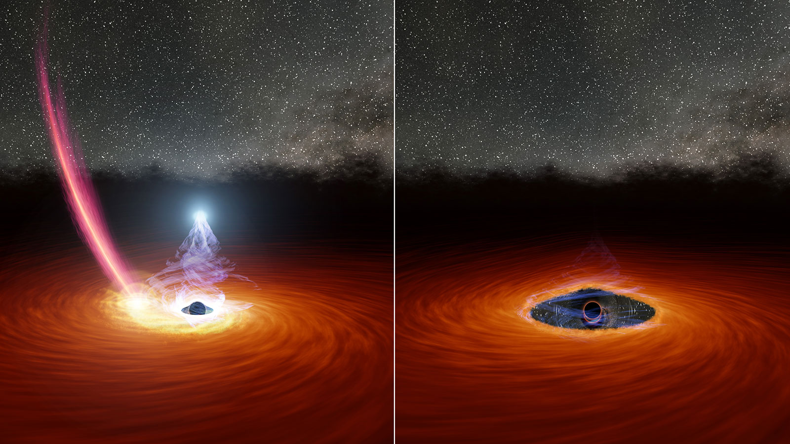 This illustration shows a black hole surrounded by a disk of gas