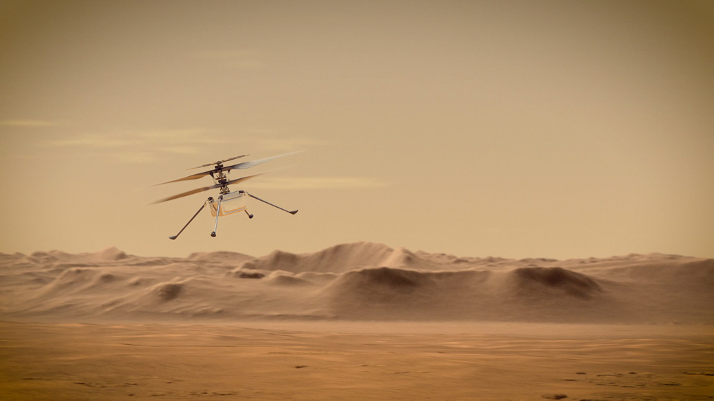 An artist's concept of NASA's Ingenuity Mars Helicopter flying through the Red Planet's skies
