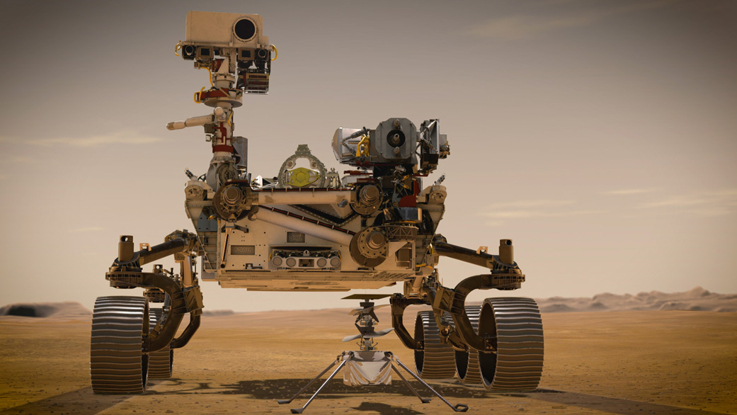 NASA's Mars 2020 Perseverance rover and NASA's Ingenuity Mars Helicopter (shown in an artist's concept) 