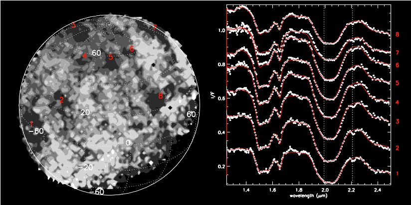 Fig. 3: (Left panel): A contour map of Charon at 2.21 mm with selected regions numbered. (Right panel): New Horizons spectra (wh