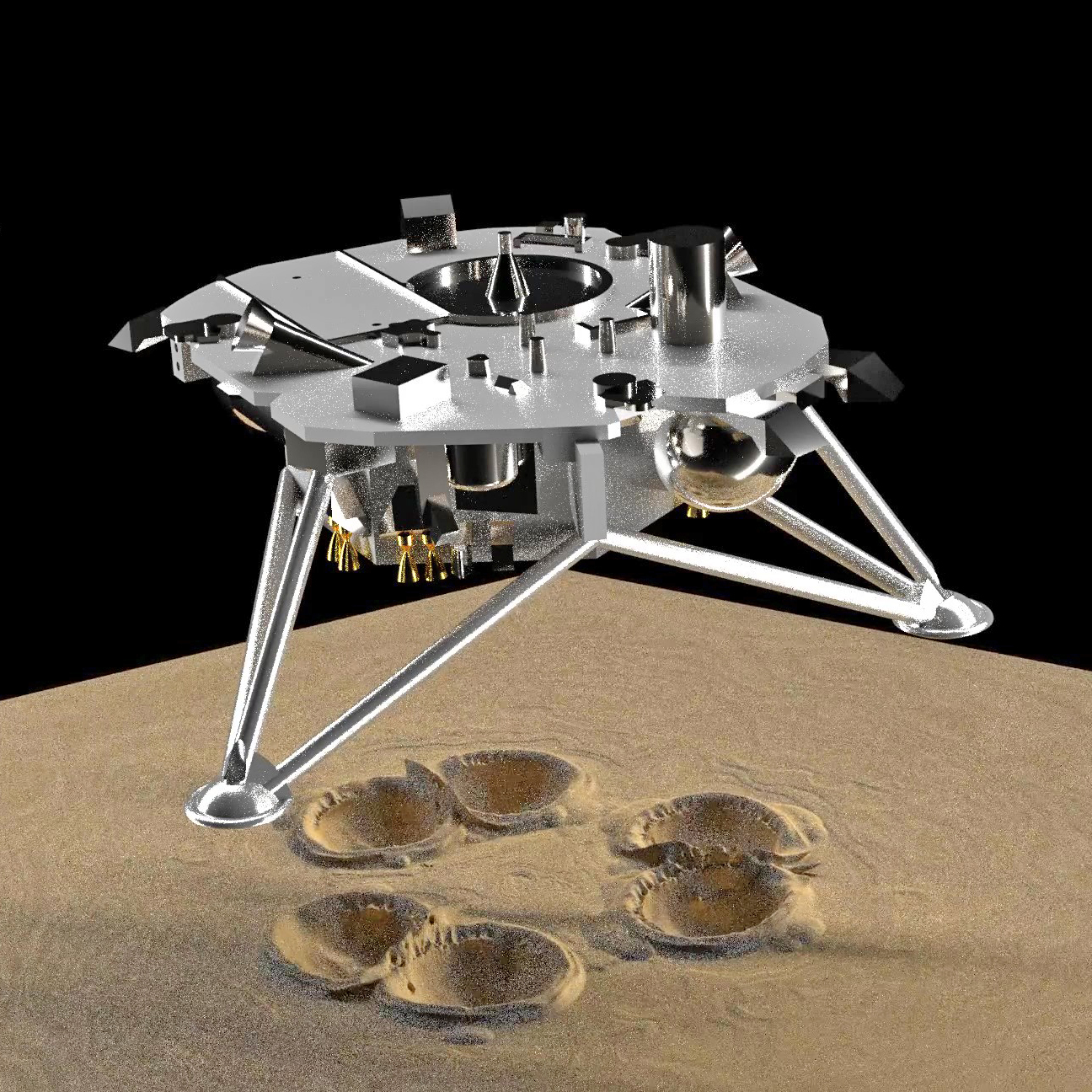 Computational simulation of craters resulting from InSight Mars lander engines impinging on regolith surface for a single 50 millisecond thrust cycle.