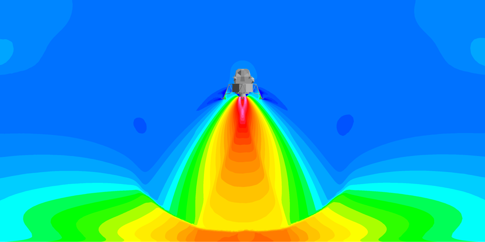 Apollo Lunar Module plume impingement at a distance of 30 m above the landing surface. Image shows plume gas density on a logarithmic scale (blue = low, magenta = high) indicating the large plume expansion envelope in a vacuum background.