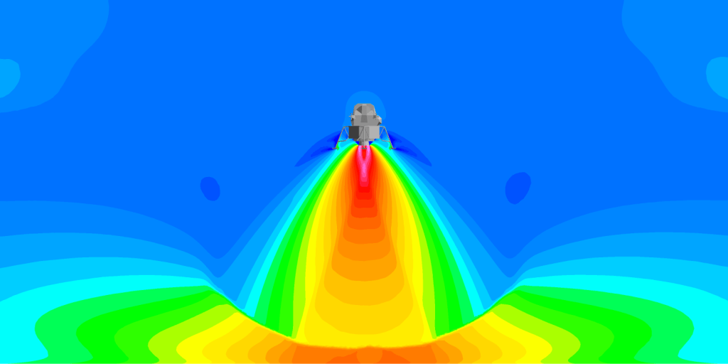Apollo Lunar Module plume impingement at a distance of 30 m above the landing surface. Image shows plume gas density on a logarithmic scale (blue = low, magenta = high) indicating the large plume expansion envelope in a vacuum background.