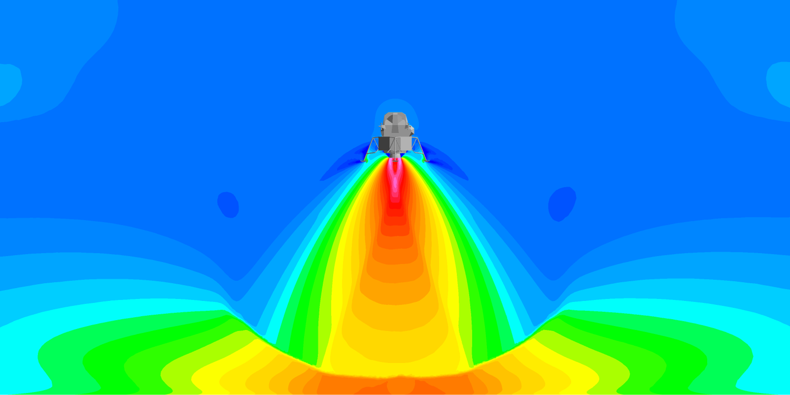 Plume gas density on a logarithmic scale indicating the large plume expansion envelope in a vacuum background.