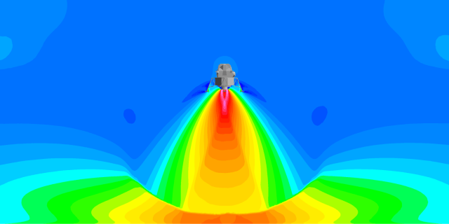 Plume gas density on a logarithmic scale indicating the large plume expansion envelope in a vacuum background.