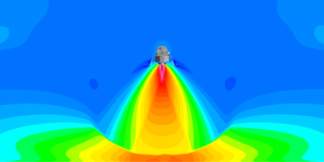 Apollo Lunar Module plume impingement at a distance of 30 m above the landing surface. Image shows plume gas density on a logarithmic scale (blue = low, magenta = high) indicating the large plume expansion envelope in a vacuum background.