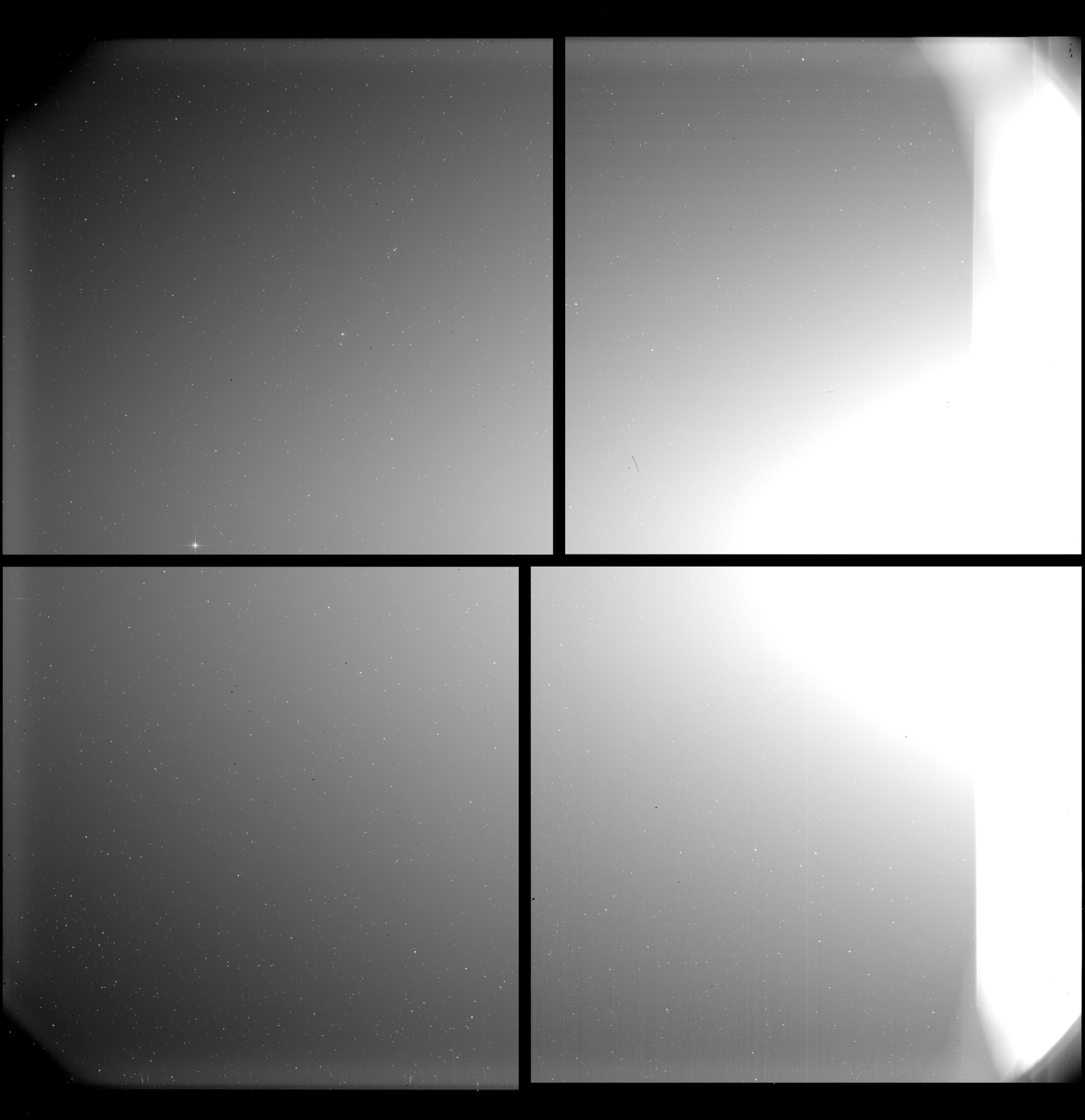 A mosaic of four images show a starry sky with a bright white glow extending from the right side of the mosaic toward the center and covering the entire mosaic in a white haze that dims farther to the left. A bright white bar runs vertically along the right edge of the mosaic.
