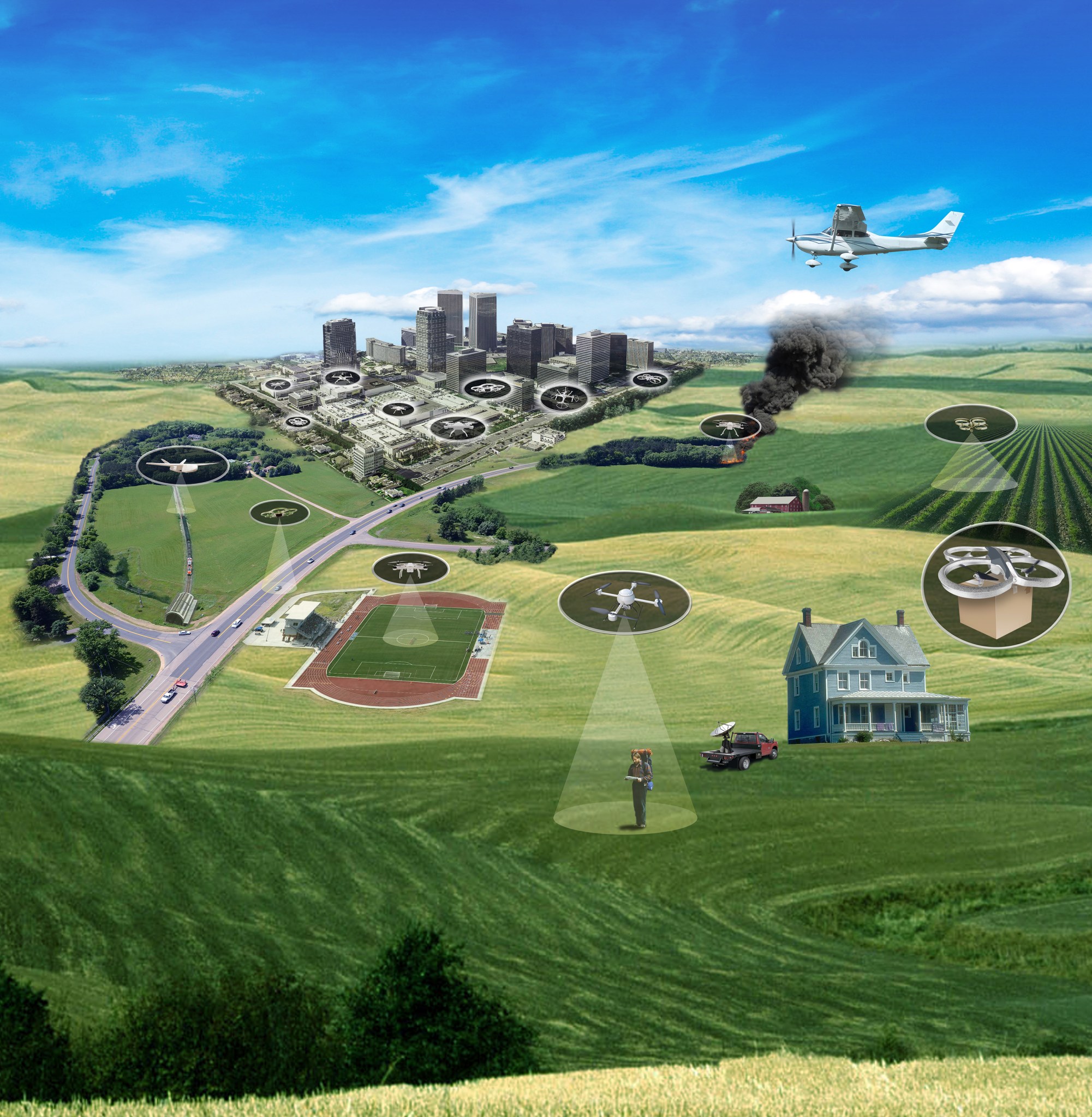 An illustration of the many potential uses for drones, from rural settings to big cities.
