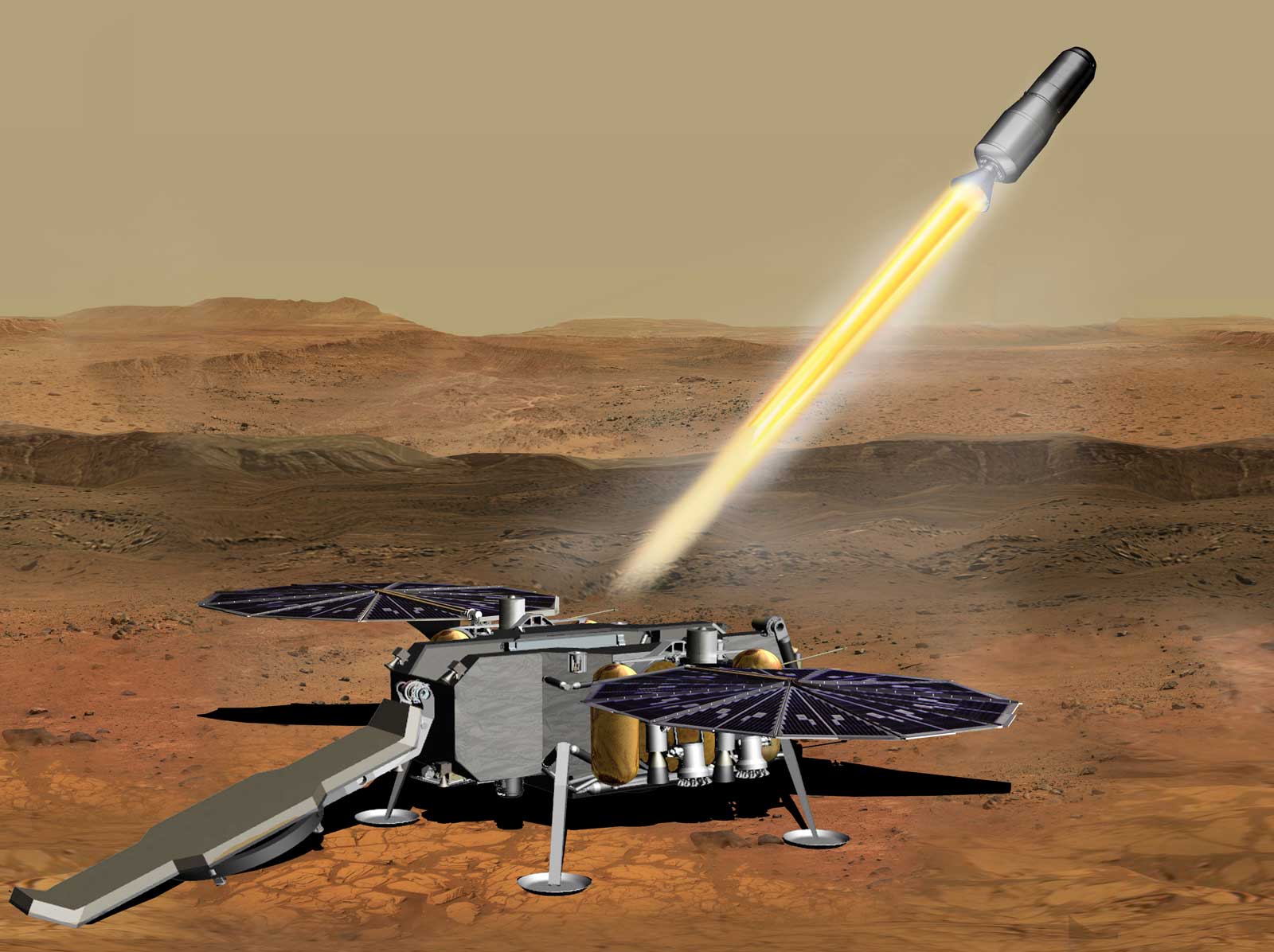 An illustration of a concept of how the NASA Mars Ascent Vehicle could be launched from the surface of Mars.