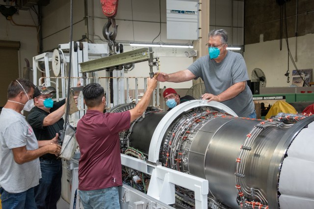 The F414-GE-100 engine that will power NASA's X-59 is unboxed at AFRC